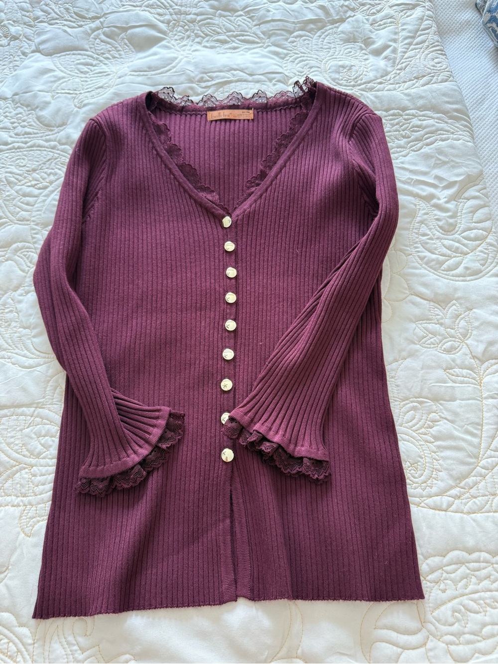 Women's Ribbed V-Neck Button Cardigan Sweater in Plum